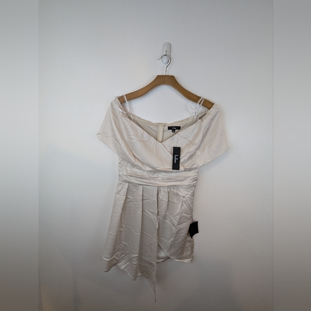 Lulu's Always Celebrating Elegant Cream Off-Shoulder Dress